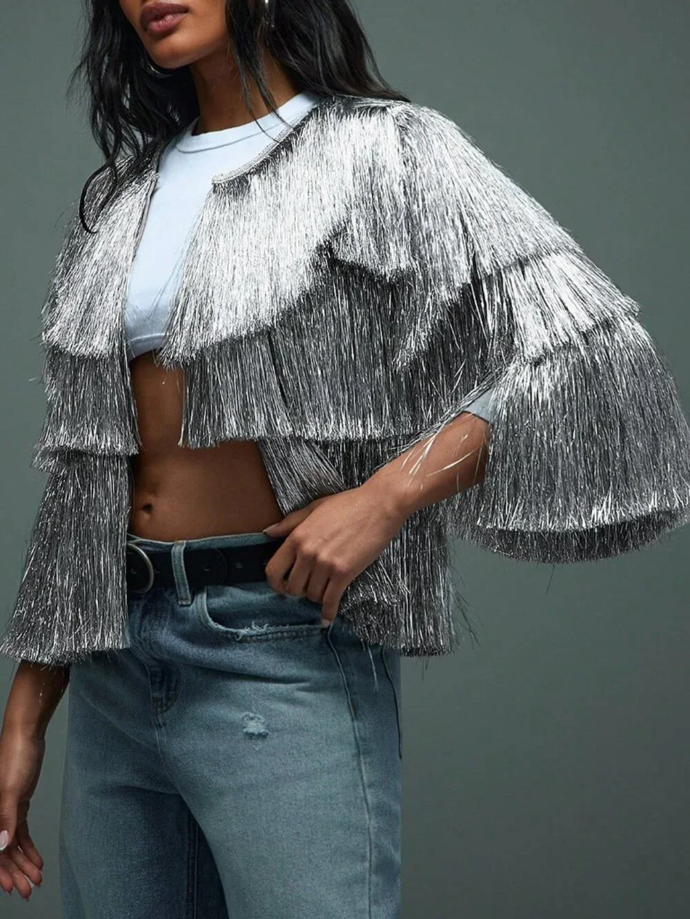 Silver Elegant Women's Night Out Party Shiny Fringe Layered Long Sleeves Jacket - Picture 3 of 5